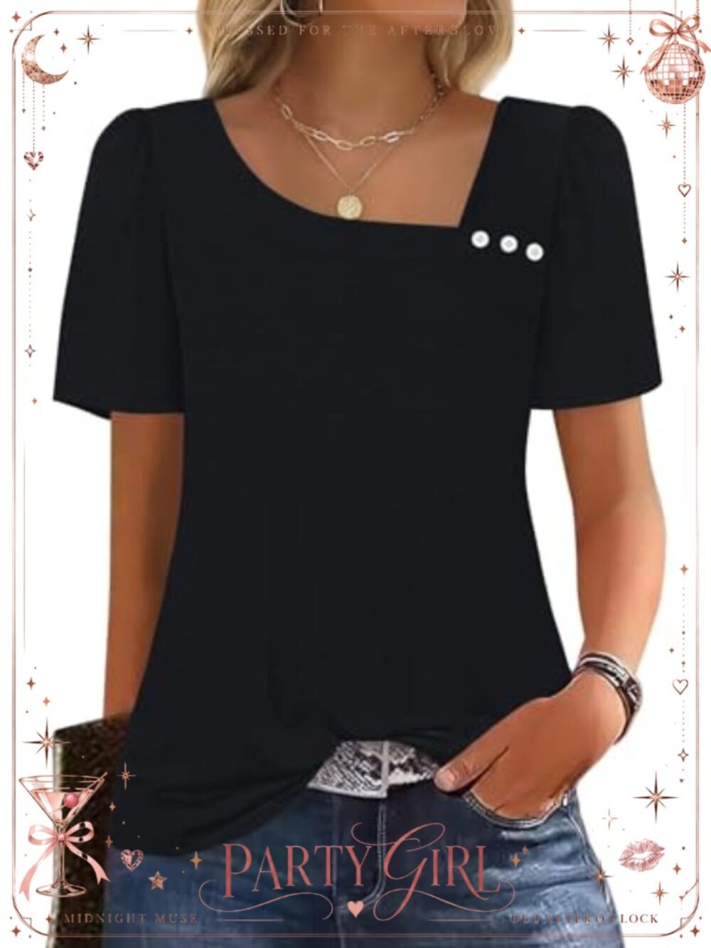 Womens Summer Tops Square Neck Puff Sleeve Blouses Loose Fit Casual Work Tshirts